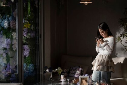 Mujer interactuando con un avatar de novio virtual en una pantalla, rodeada de regalos digitales y una figura de peluche del personaje