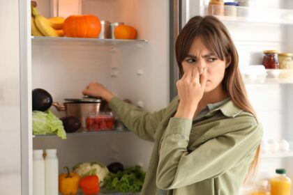 Familia revisando alimentos en un refrigerador organizado por zonas: carnes abajo, lácteos al centro y frutas en cajones con humedad controlada