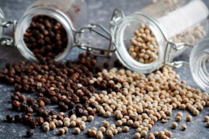Granos de pimienta negra molidos junto a vegetales frescos, mostrando cómo potencia la absorción de vitaminas y minerales en comidas saludables