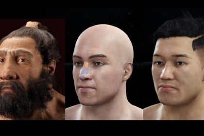 Reconstrucción científica de un rostro neandertal con rasgos genéticos heredados en poblaciones latinoamericanas, destacando la forma nasal