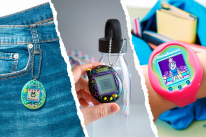 Tamagotchi original de los 90 con pantalla de píxeles mostrando una mascota virtual que requiere alimentación y atención constante