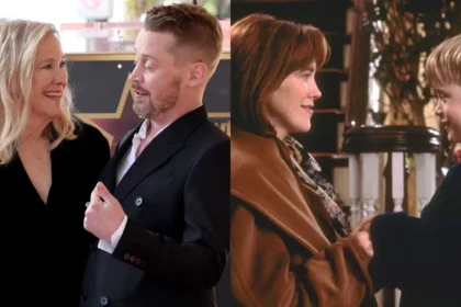 Macaulay Culkin junto a Catherine O’Hara en una escena de 'Mi pobre angelito' y una foto reciente en el mismo ángulo, homenaje a la actriz fallecida