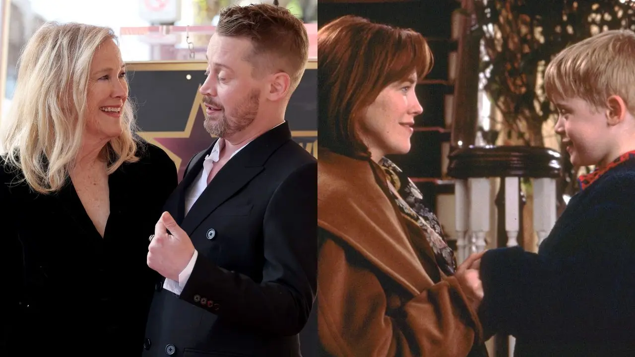 Macaulay Culkin junto a Catherine O’Hara en una escena de 'Mi pobre angelito' y una foto reciente en el mismo ángulo, homenaje a la actriz fallecida