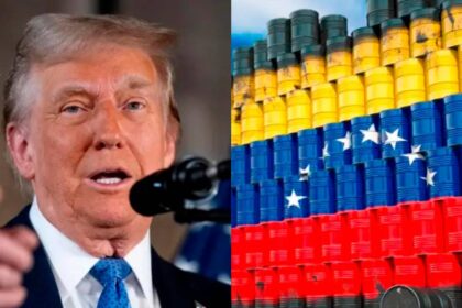 Camiones cisterna cargando crudo venezolano en un puerto bajo supervisión internacional para garantizar transparencia en la venta