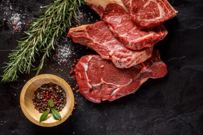 Plato con carne roja, huevos y leche entera junto a gráfica de aumento de ingesta diaria recomendada de proteína animal