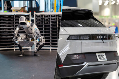 Robot Atlas de Hyundai en una línea de montaje industrial, colaborando con trabajadores para clasificar piezas en una fábrica moderna