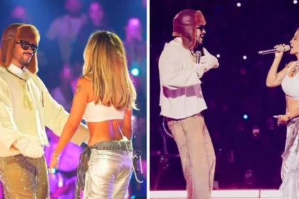 Karol G y Bad Bunny cantando juntos en el escenario de Medellín ante una multitud eufórica con celulares encendidos