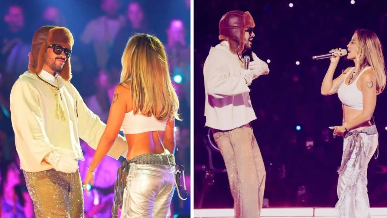 Karol G y Bad Bunny cantando juntos en el escenario de Medellín ante una multitud eufórica con celulares encendidos
