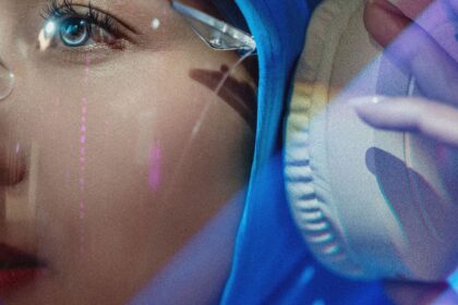 Auriculares con cancelación de ruido inteligente mostrando una interfaz holográfica que filtra sonidos ambientales en tiempo real, destacando voces específicas