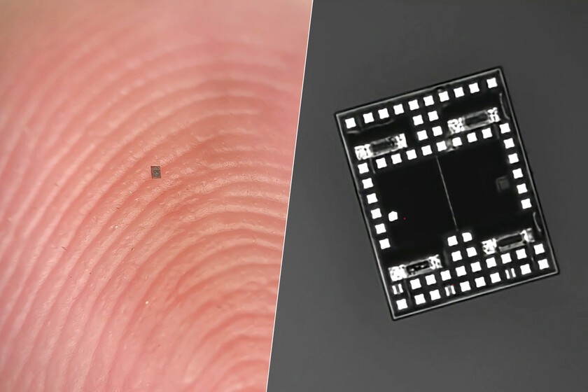 Microbot autónomo de 210 micrómetros junto a un grano de sal, mostrando su sistema integrado de computación y sensores en miniatura