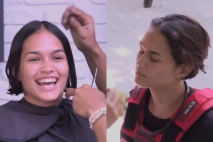 Mujer con cabello corto a la altura de las orejas tras un corte radical en un reality show, mostrando actitud segura y renovada