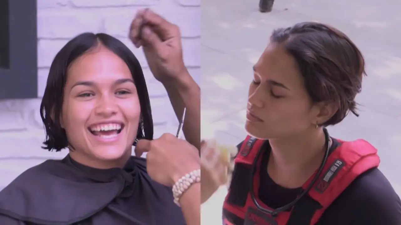 Mujer con cabello corto a la altura de las orejas tras un corte radical en un reality show, mostrando actitud segura y renovada