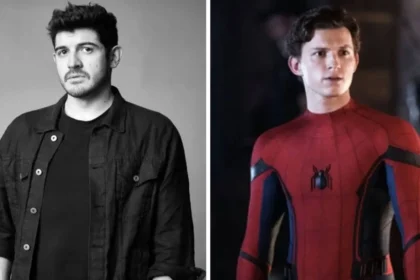 Actor de doblaje latino interpretando a Spider-Man en una escena emotiva de pelicula del UCM, con expresion juvenil y carisma