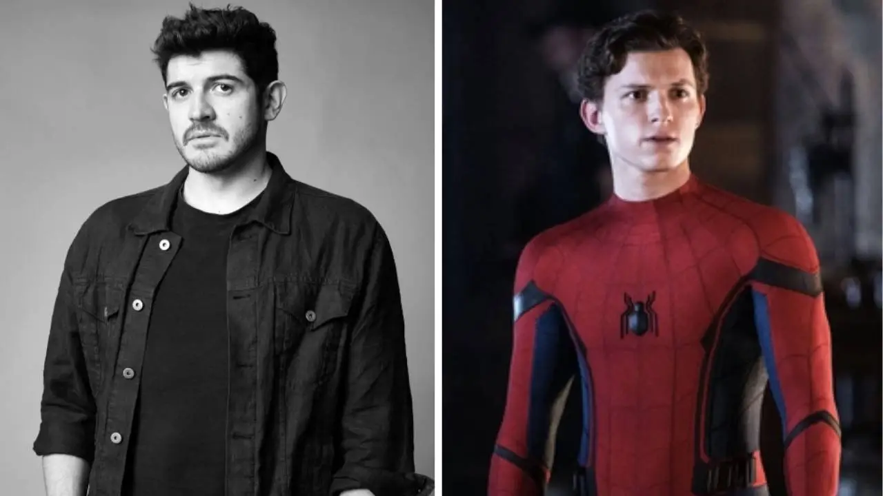 Actor de doblaje latino interpretando a Spider-Man en una escena emotiva de pelicula del UCM, con expresion juvenil y carisma