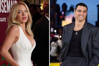 Sydney Sweeney y Noah Centineo en el set de rodaje de la película live-action de Gundam, con un Mobile Suit futurista de fondo