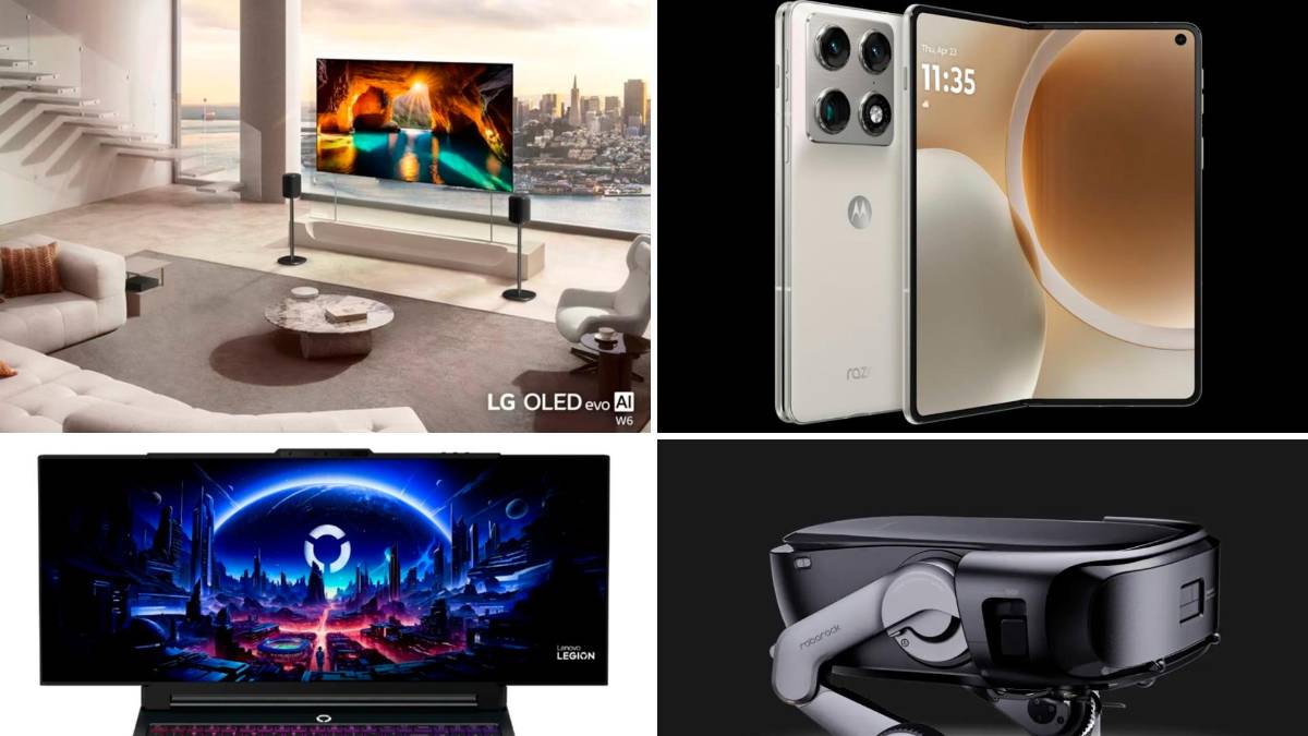Celular plegable tipo libro con pantalla interna de 8,1 pulgadas y triple cámara Sony de 50 MP junto a un televisor OLED inalámbrico de 9mm de grosor