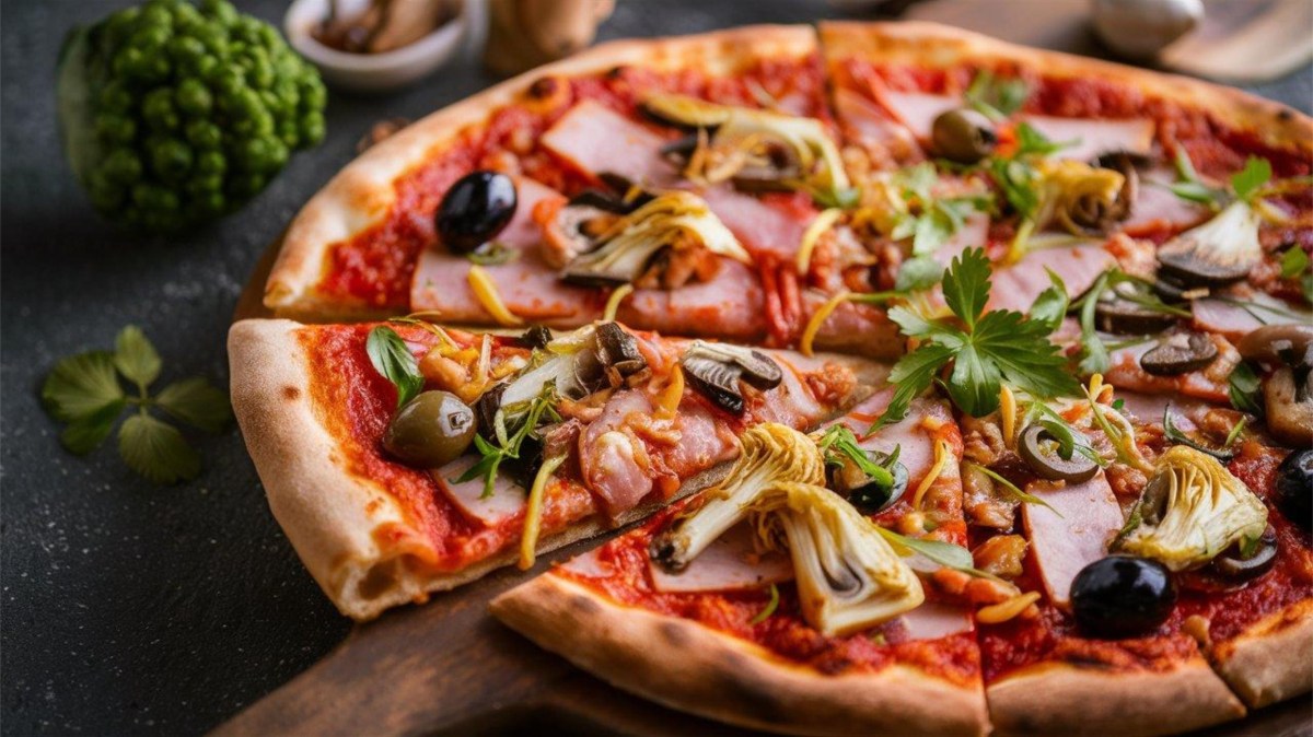 Pizza neoyorquina recién horneada con queso derretido y bagels dorados sobre tabla de madera, símbolos de la gastronomía estadounidense