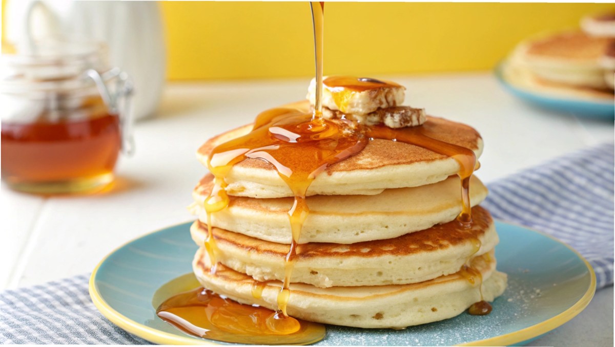 Plato con pancakes ilimitados de suero de leche, acompañados de jarabes de arándano, fresa, mantequilla y nuez, listos para disfrutar en el restaurante
