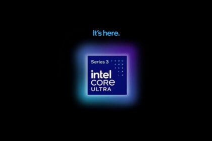 Procesador Intel Panther Lake con arquitectura 18A mostrando gráficos de rendimiento en Cinebench y juegos a 1080p