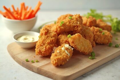Nuggets de pollo caseros dorándose en freidora de aire, con costra crujiente de parmesano y huevo, servidos en plato blanco
