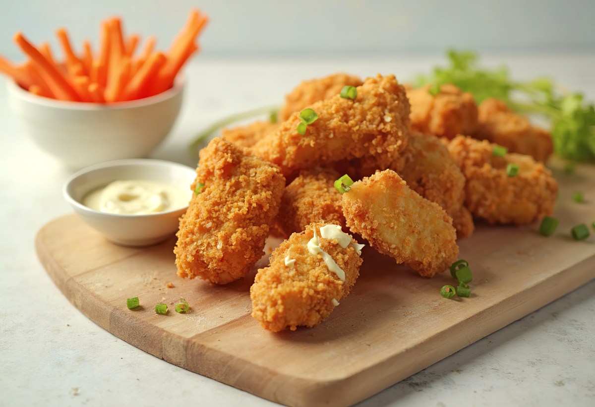 Nuggets de pollo caseros dorándose en freidora de aire, con costra crujiente de parmesano y huevo, servidos en plato blanco