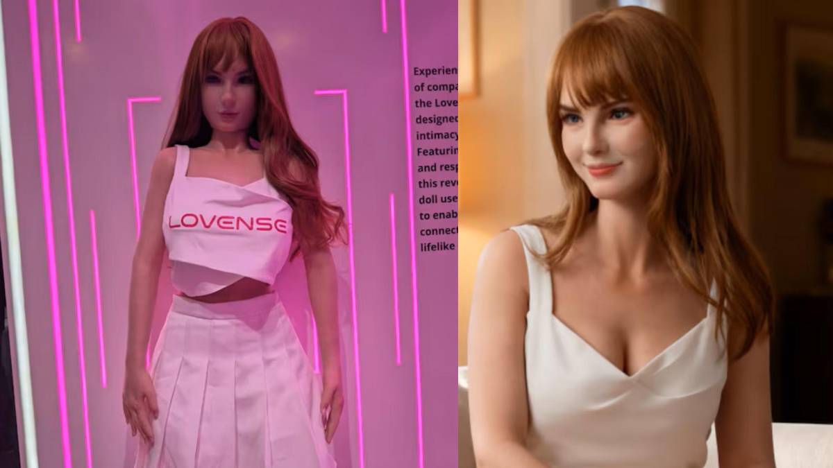 Robot humanoide Emily con diseño realista de silicona, mostrando gestos faciales básicos como sonrisa, en demostración en CES 2026