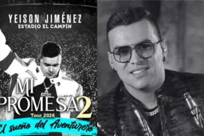 Escenario iluminado de El Campín preparado para el homenaje póstumo de Yeison Jiménez, con su banda y elementos que reflejan su esencia musical