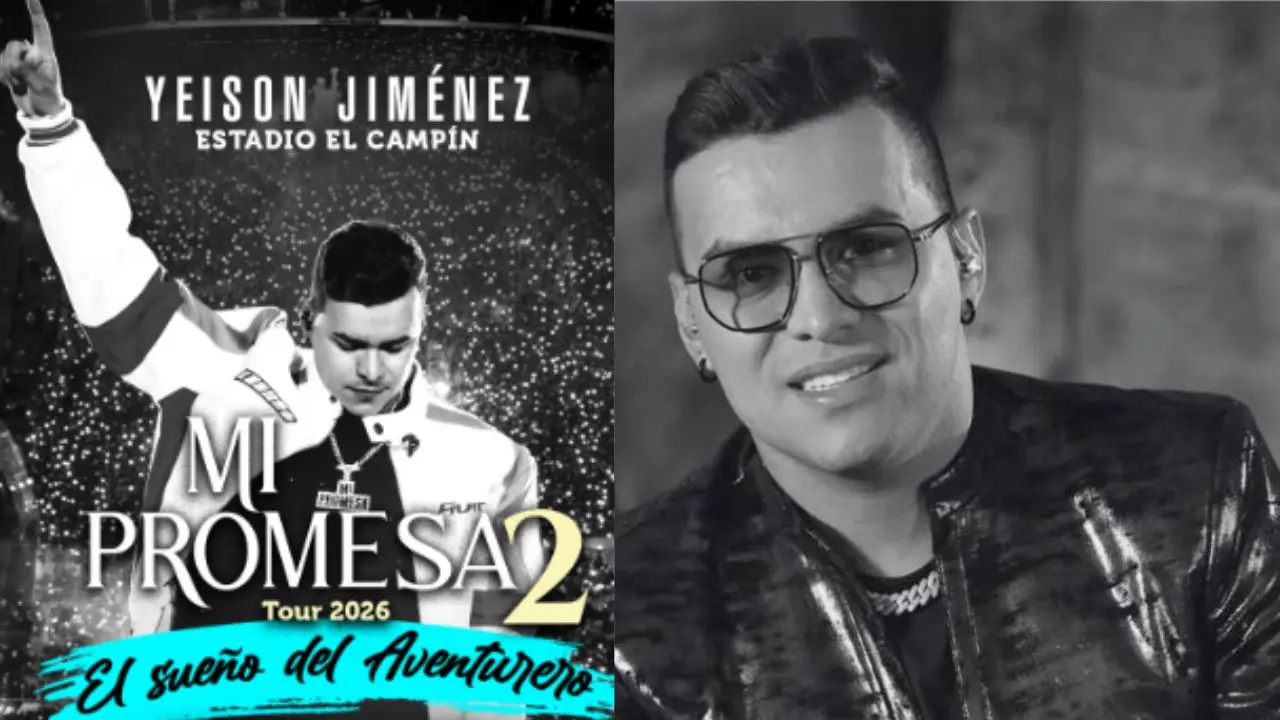 Escenario iluminado de El Campín preparado para el homenaje póstumo de Yeison Jiménez, con su banda y elementos que reflejan su esencia musical