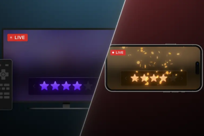 Pantalla de televisión mostrando la interfaz de votación en vivo de Netflix durante el reality Star Search en Colombia