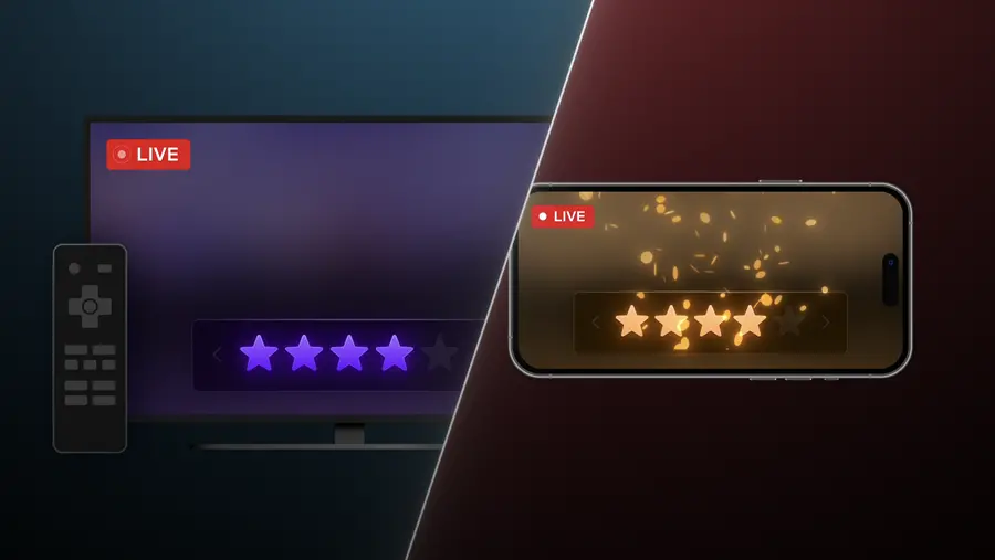 Pantalla de televisión mostrando la interfaz de votación en vivo de Netflix durante el reality Star Search en Colombia