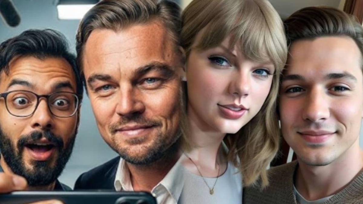 Persona usando una app de IA para generar un selfie hiperrealista junto a una celebridad en un escenario virtual detallado