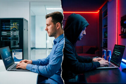 Dos expertos en ciberseguridad ejecutando un ataque de ransomware desde dentro de una empresa, con gráficos de criptomonedas y alertas de seguridad
