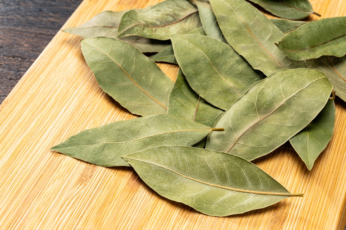 Hojas de laurel fresco sobre superficie de madera con texto 'reduce inflamación y azúcar en sangre'