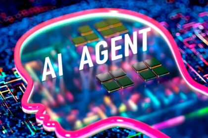 Sistema de IA autónoma ejecutando tareas complejas en una interfaz digital futurista con gráficos de optimización en tiempo real