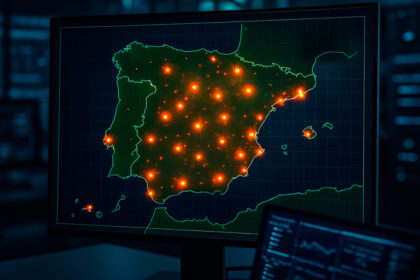 Mapa de España con iconos de alerta roja mostrando 164 ataques de ransomware en 2025, destacando el riesgo para empresas y usuarios
