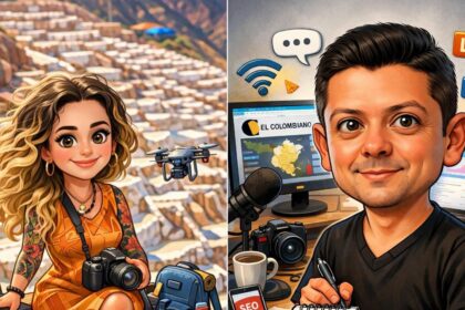 Persona sonriente convertida en caricatura digital con rasgos exagerados, herramientas de trabajo y fondo tecnológico generado por inteligencia artificial
