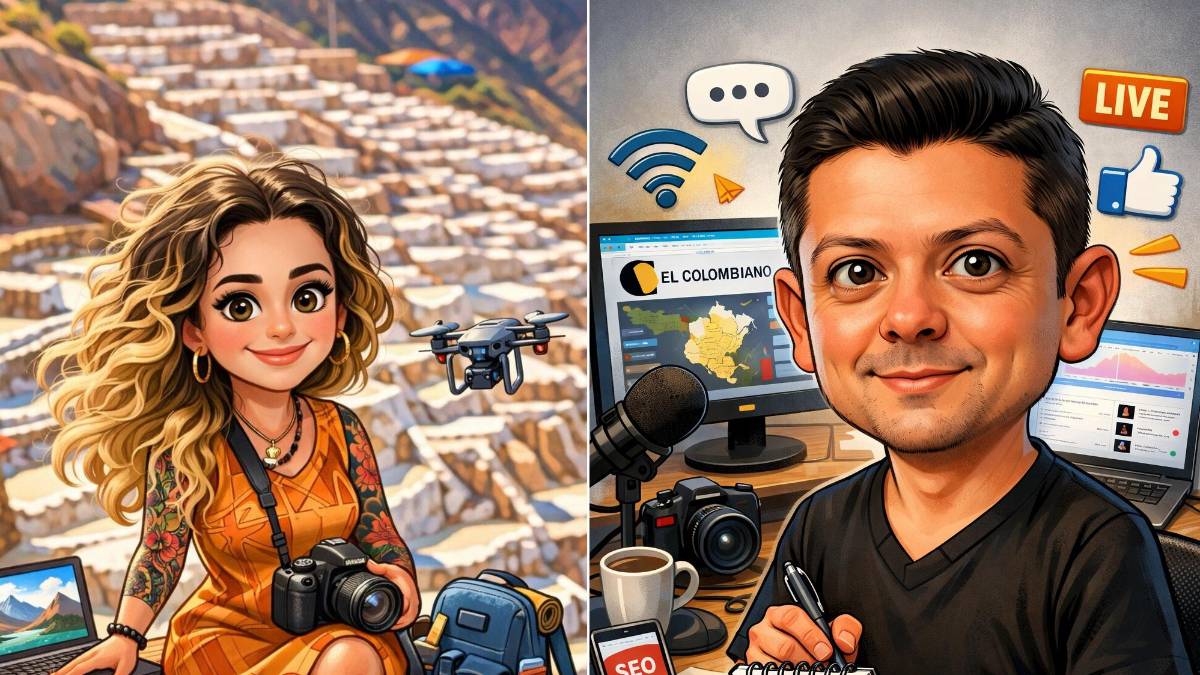 Persona sonriente convertida en caricatura digital con rasgos exagerados, herramientas de trabajo y fondo tecnológico generado por inteligencia artificial