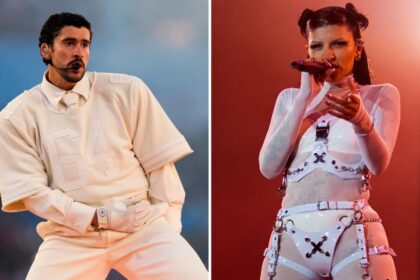 Bad Bunny y Cazzu cantando juntos 'Loca – Remix' en el Estadio River Plate durante su gira mundial