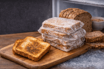 Rebanada de pan integral congelado en un plato blanco, mostrando su textura crujiente y beneficios metabólicos al reducir carbohidratos absorbibles