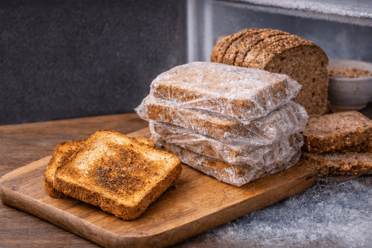 Rebanada de pan integral congelado en un plato blanco, mostrando su textura crujiente y beneficios metabólicos al reducir carbohidratos absorbibles