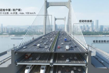 Vista aérea del puente colgante de 10 km sobre el río Yangtsé, con torres de 350 m y cables de ultra resistencia para tráfico vehicular y ferroviario