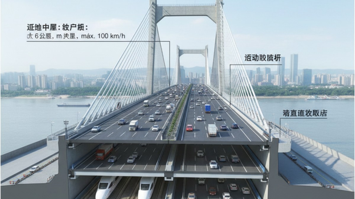 Vista aérea del puente colgante de 10 km sobre el río Yangtsé, con torres de 350 m y cables de ultra resistencia para tráfico vehicular y ferroviario
