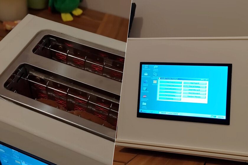 Tostadora modificada mostrando el escritorio de Windows 98 en una pantalla de 7 pulgadas mientras tuesta pan