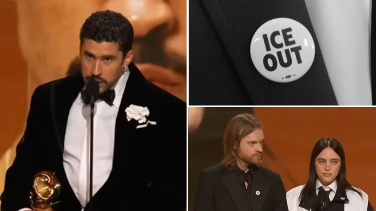 Bad Bunny con micrófono en mano durante los Grammy 2024, pronunciando su discurso 'Fuera ICE' ante una audiencia global