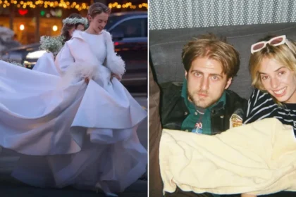 Maya Hawke y Christian Lee Hutson sonrientes en su boda íntima en la iglesia St. George's Episcopal de Nueva York, rodeados del elenco de Stranger Things