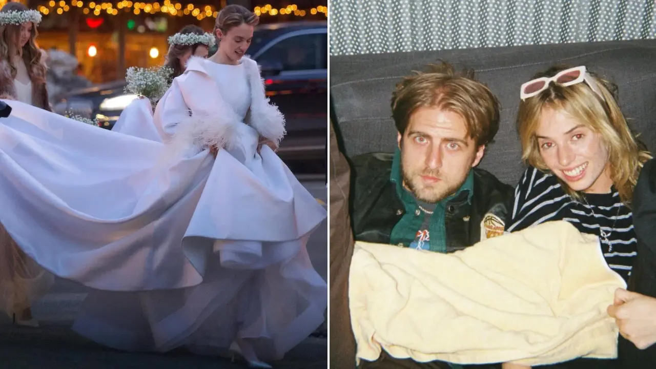 Maya Hawke y Christian Lee Hutson sonrientes en su boda íntima en la iglesia St. George's Episcopal de Nueva York, rodeados del elenco de Stranger Things