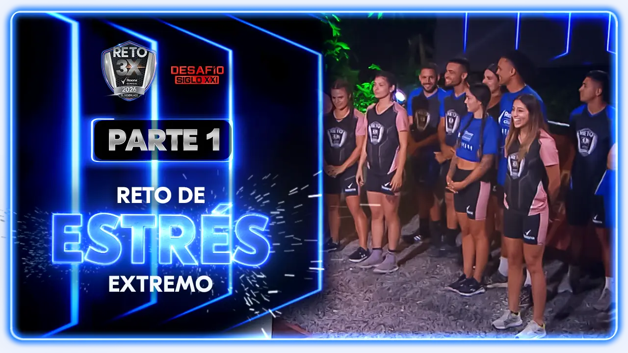 Dos competidores sincronizados superando rampas y plataformas colgantes en el circuito de Estrés Extremo del Reto 3x