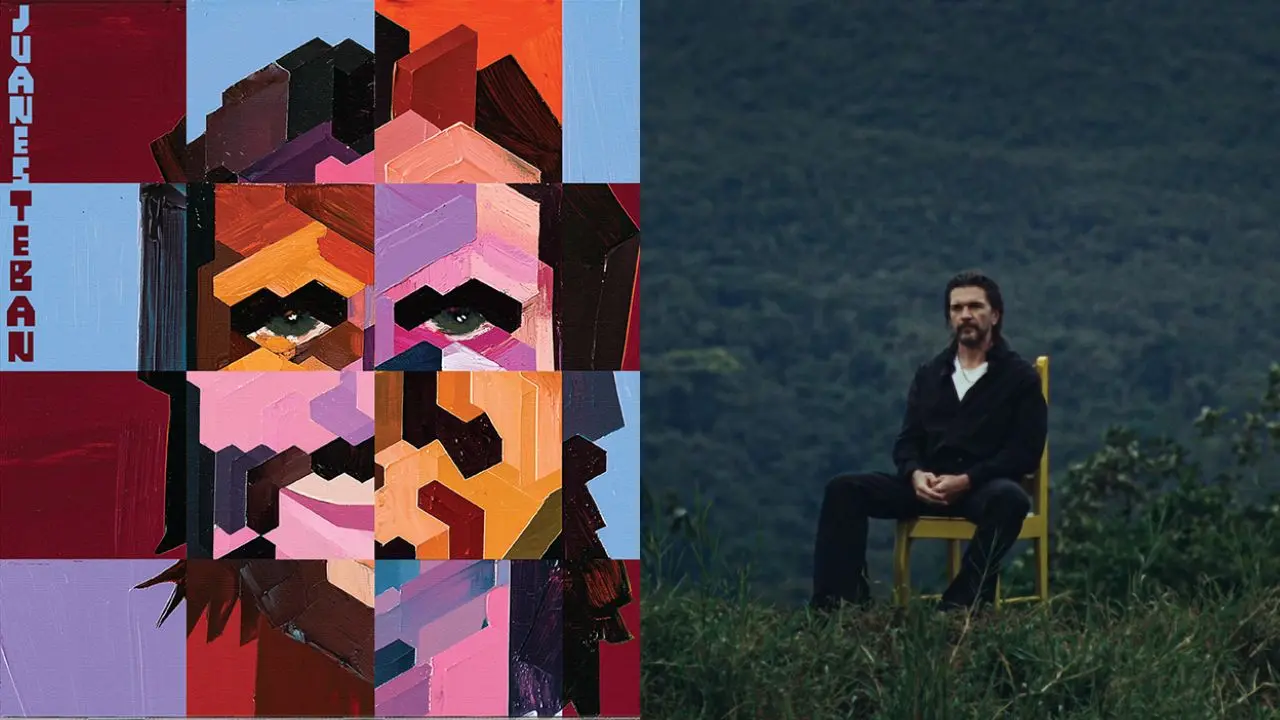 Portada del álbum JuanesTeban mostrando a Juanes con luces de colores, fusionando cumbia y rock en un diseño vibrante y emotivo