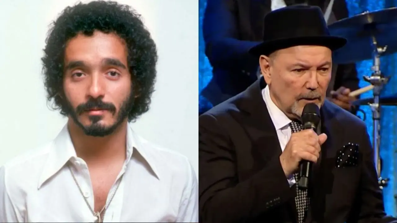 Willie Colón y Rubén Blades en un escenario durante la grabación del álbum Siembra, antes de su conflicto legal y ruptura