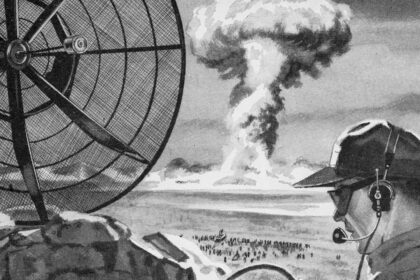 Satélite orbitando la Tierra para monitorear silos de misiles nucleares con inteligencia artificial, mostrando datos de verificación en tiempo real